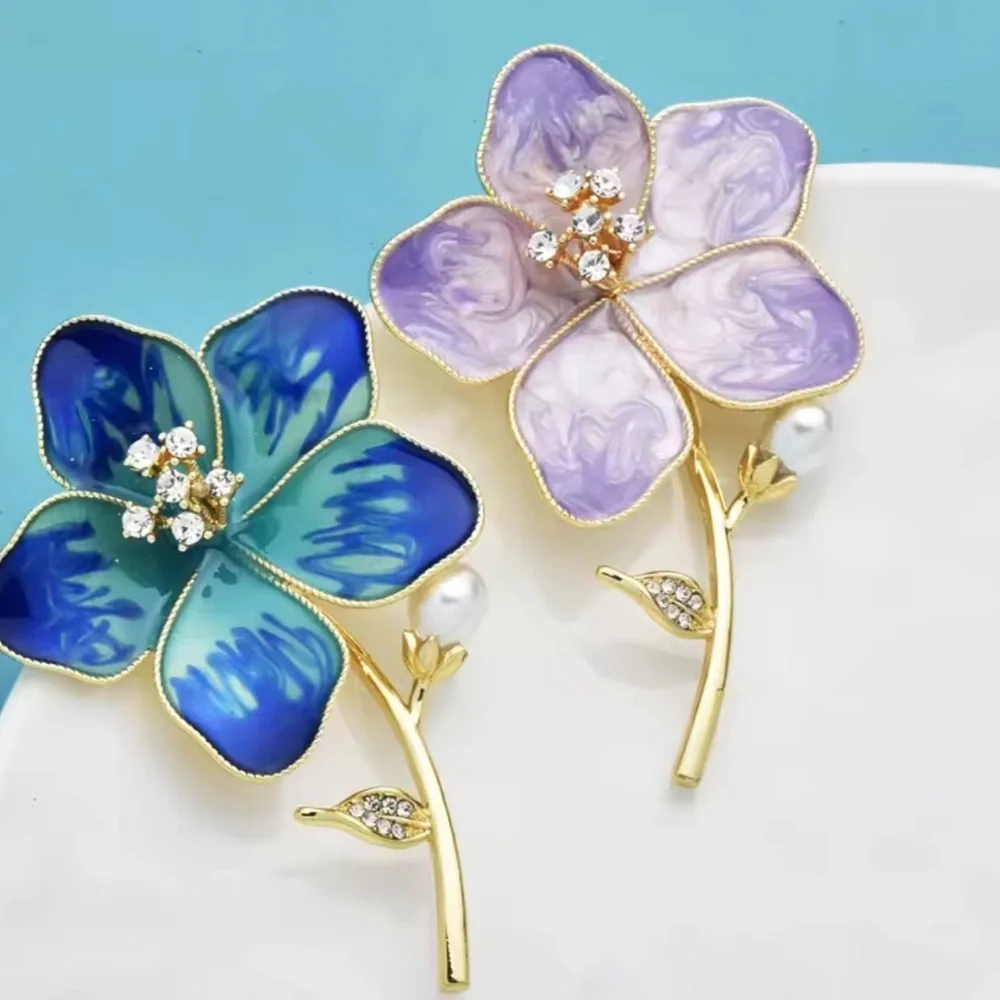 Lavender Crystal Flower Brooch – Purple Enamel Floral Rhinestone Pin
